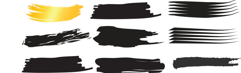Set of black artistic brush strokes and a gold brush stroke, perfect for adding texture and flair to your design projects
