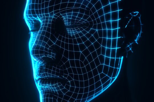 Abstract blue neon wireframe human face on dark background - Powered by Adobe