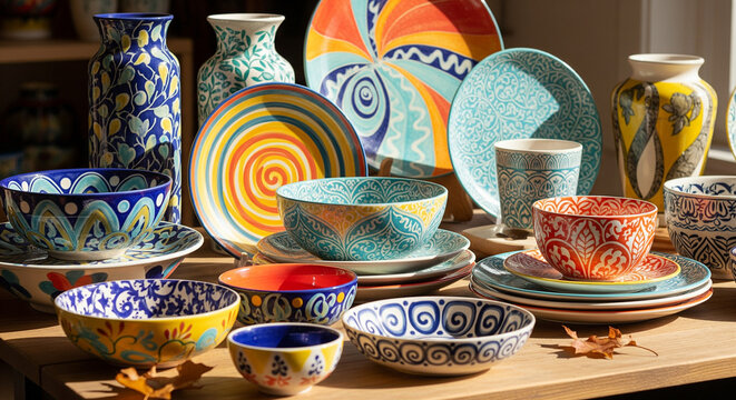 Vibrant Hand-Painted Ceramic Dishware Displayed in Sunlight
A close-up, brightly lit still life of a rich collection of hand-painted ceramic dishware and pottery displayed on a wooden surface - Powered by Adobe