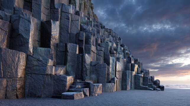 Basalt columns rise from a beach under a dramatic sky. Stairway leads up the formations