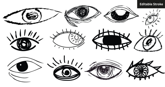 Set of hand drawn eye icons. Vector sketch doodle collection of vision, sight, and eyelash symbols. Editable stroke.