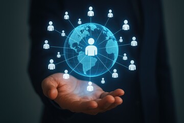 Global network connectivity with people icons and earth hologram over hand, connections, communication, world