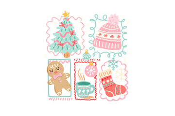 Pastel-colored Christmas doodles including a tree, winter hat, gingerbread man, and hot cocoa illustration Sublimation Design