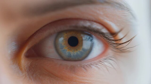 Human eye close-up macro shot showing detailed iris texture, perfect for AI vision, biometric technology, science, and medical concepts. Realistic, high-resolution image suitable for motion clips, adv