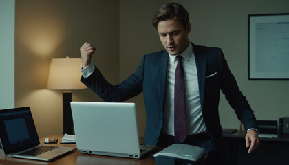 Man in a suit expressing frustration while pointing at laptop in office