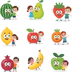 Fruit character with kids, cartoon fruit friends, watermelon, banana, apple, orange, pear, strawberry, playful illustration, healthy eating, vector design