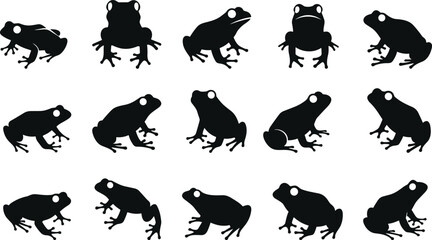 Frog silhouettes collection, amphibian wildlife vector illustration, black animal shapes in different postures, design elements for nature, biology, education themes