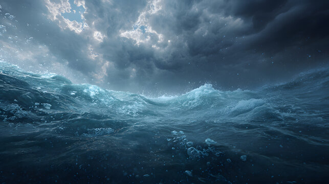 Dramatic ocean waves crash under a stormy, cloud filled sky with sunlight breaking through