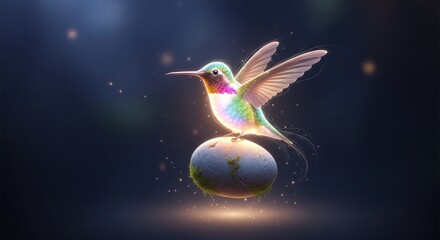 Hummingbird perched on globe creative imagery of nature and world