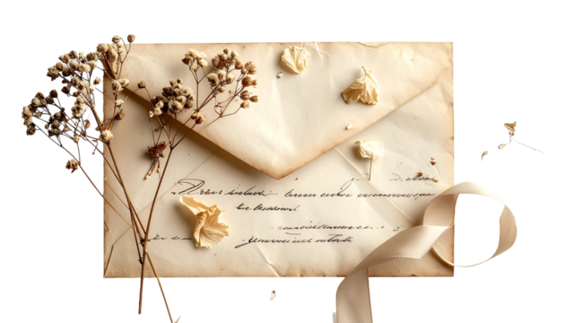 Vintage letter with dried flowers and ribbon for elegant stationery or heartfelt correspondence - Powered by Adobe
