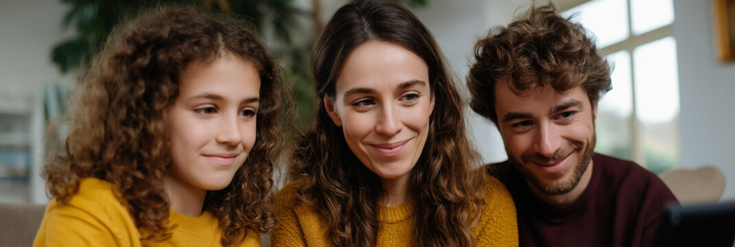 A delightful family scene showcases a mother, father, and child, all smiling and enjoying their time together while viewing something on a tablet, capturing true joy and connection.