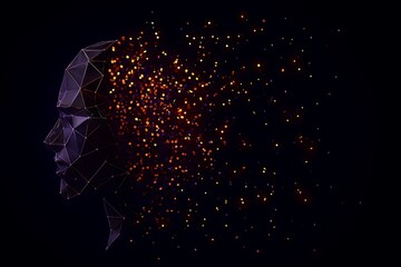 Abstract digital art of a human head dissolving into particles