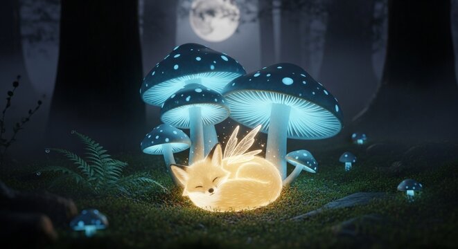 Fantasy scene with fox and glowing mushrooms in a magical forest at night