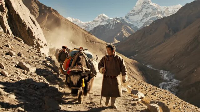Caravan of Yaks Carrying Supplies Through Rugged Himalayan Mountain Terrain at Sunrise