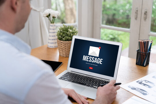 Email notification message showing on computer screen brisk. Digital marketing message information text from business to customer client