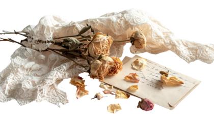 Vintage dried roses on delicate lace with antique handwritten letter evoke nostalgia and romance