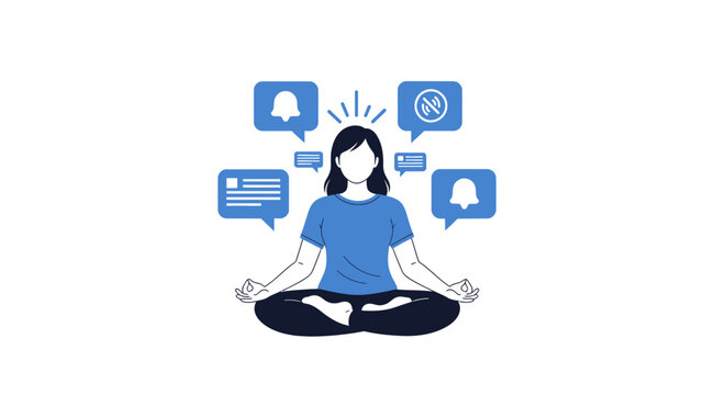Peaceful Woman Meditating in Lotus Position, Surrounded by Blue Notification Bubbles.