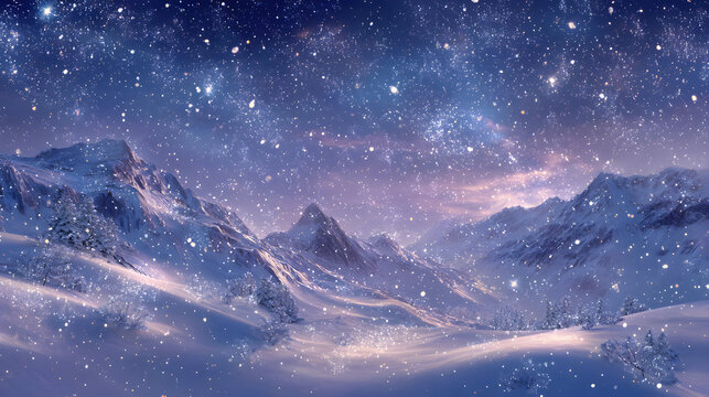 Enchanting winter wonderland with snow-covered mountains under a starry night sky, invoking peace and breathtaking natural beauty.