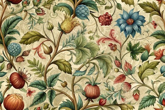 Vintage botanical texture with diverse floral elements and classic color palette for timeless paper decoration and elegant textile pattern seamless elegant drawing