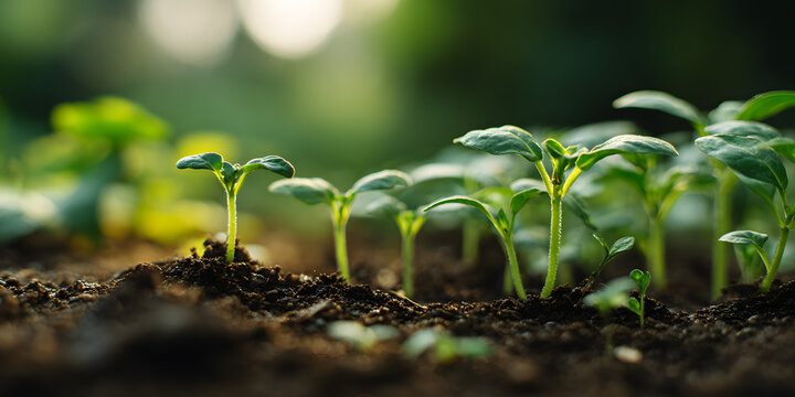 Vibrant young seedlings emerge from rich soil, bathed in gentle morning sunlight, symbolizing growth, new beginnings, and hope for a bountiful future.