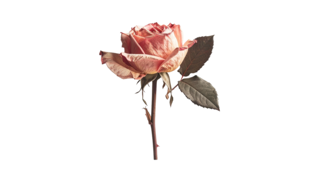 Delicate dried rose with subtle blush petals and deep green leaves evokes romantic nostalgia