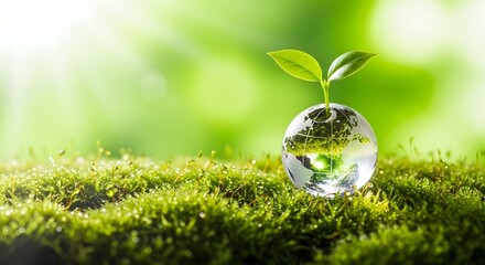Small green plant growing from a crystal globe on moss under bright sunlight. Concept of environmental care, global sustainability, ecology, and nature conservation.