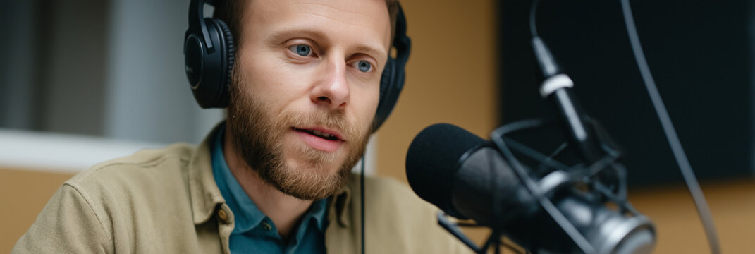 A focused male podcaster wearing headphones speaks into a professional microphone while recording a podcast in a modern studio environment, emphasizing digital media creativity.