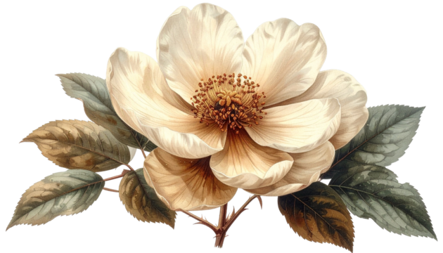Delicate antique cream rose blossom with detailed stamens and vintage leaves - Powered by Adobe