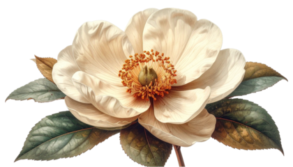 Elegant cream magnolia bloom with detailed petals and verdant leaves, perfect for natural beauty