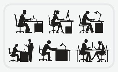 Professional business silhouettes of people working, presenting, and collaborating