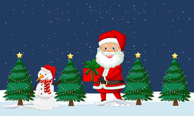 Cute Santa Claus with Christmas Gift and Snowman in Winter Holiday Forest Background