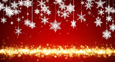 White snowflakes hanging on red background with golden bokeh lights winter christmas