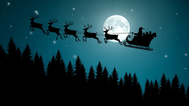 Santa claus and reindeer flying across the moonlit night sky over a forest