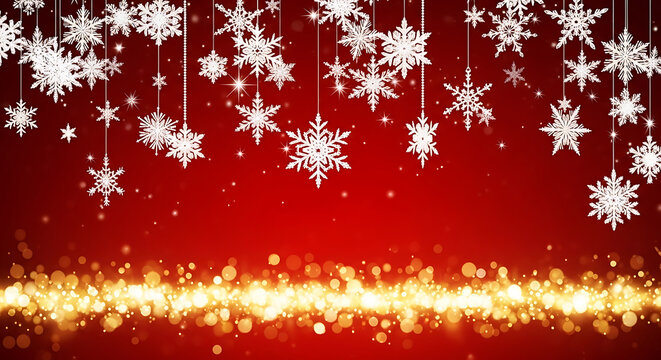 White snowflakes hanging on red background with golden bokeh lights winter christmas