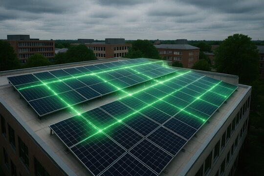 Rooftop solar panels glowing with green energy network, clean power future