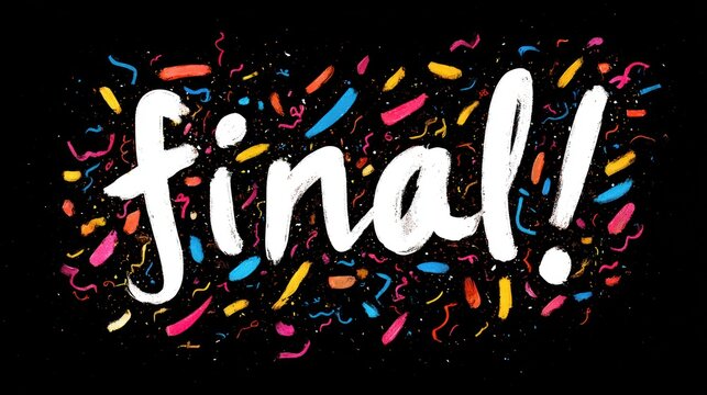 Bold white "final!" script with exclamation point surrounded by colorful confetti on black
