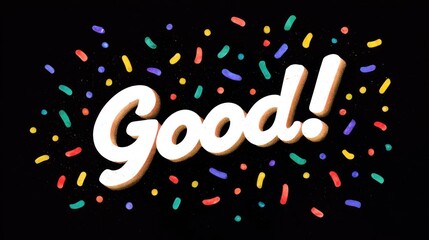Bold white "Good!" text with colorful confetti on a solid black background