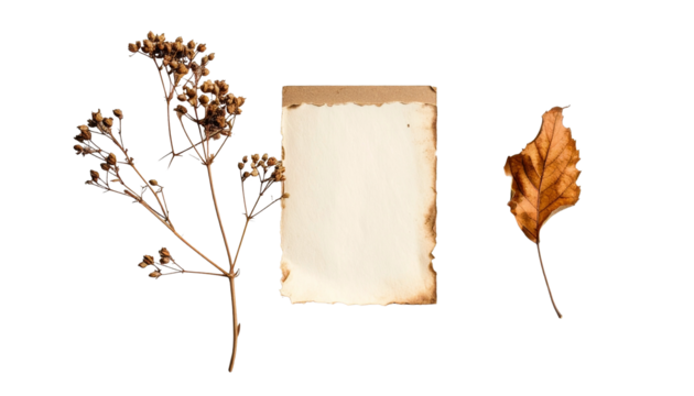 Vintage paper and dried botanical elements evoke autumn nostalgia and creative inspiration for rustic projects