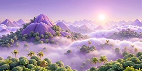 A breathtaking view of a tropical landscape with mountains, clouds, and lush vegetation