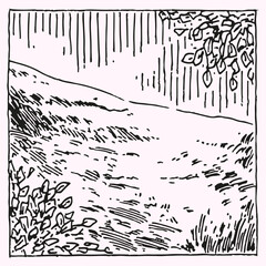 Landscape sketch, minimalistic, natural elements, mountains, trees, river, sky, lines, atmosphere. Suitable for design, greeting cards, backgrounds, and illustrations