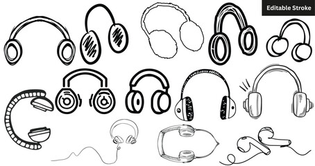 Set of hand drawn headphones and earbuds. Vector sketch doodle collection of music, audio, and headset icons. Editable stroke.