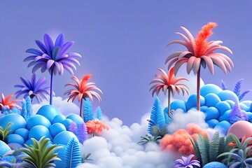 Fantasy landscape with colorful palm trees and fluffy clouds against a vibrant purple sky backdrop