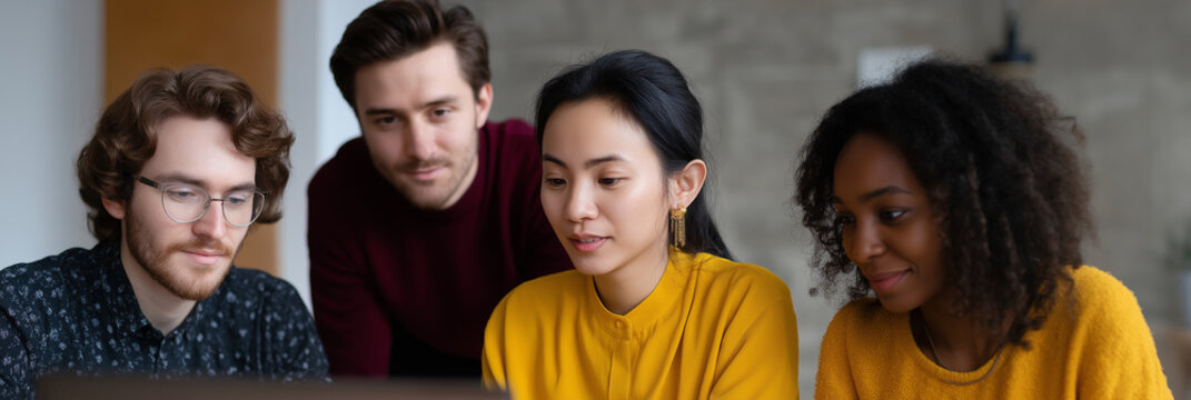 A diverse team of professionals collaborates excitedly over a laptop, fostering creativity and innovation while harnessing the power of teamwork in a modern workspace.
