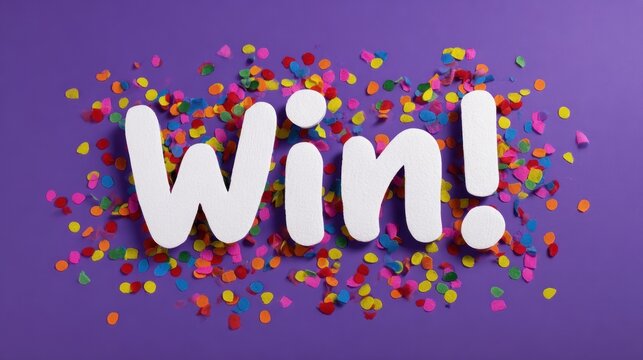 Bold "Win!" text amidst colorful confetti on a vibrant purple background, celebrating success