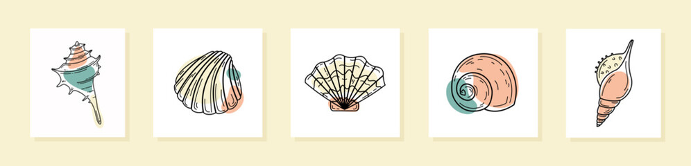 Set of cards with seashells. Shells silhouettes with abstract geometric shapes. Minimalist marine print for home decor. Flat vector illustration.