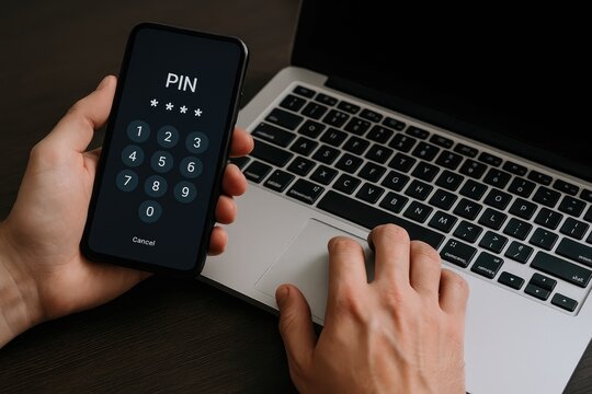 Unlocking digital access: smartphone pin pad and laptop for security and online tasks