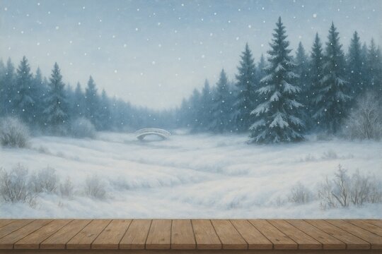Tranquil winter forest landscape with a snow-covered bridge and falling snow, holiday scene, nature