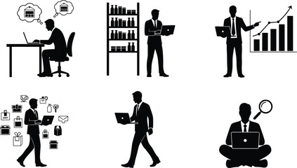 Business activity silhouette styles, planning and analysis poses, e-commerce and tech scenes, vector set, editable stroke, black and white design