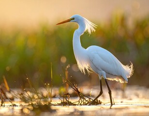 White Egret in Golden Sunrise Wetlands