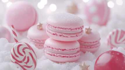 Pink Macaron and Lollipop Treats on White Background for Holiday Celebrations